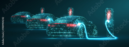 Parking for electric cars with charging station. Eco power, EV charger, green vehicle, alternative energy, rechargeable battery, auto industry, future technology, hybrid concept. Low pole plygon