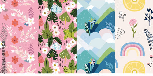 Four colorful patterned backgrounds featuring floral tropical and abstract designs