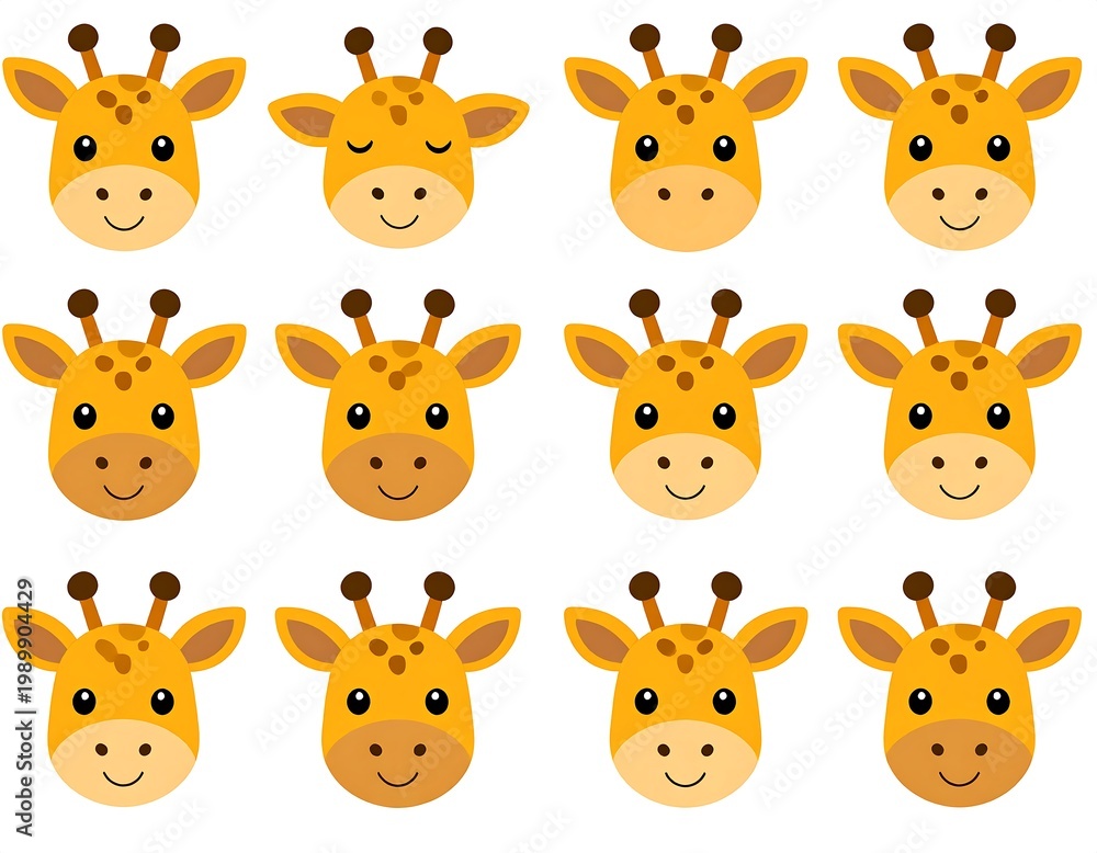 Obraz premium Twelve cartoon giraffe heads with variations in expression, arranged in a three-by-four grid on a white background