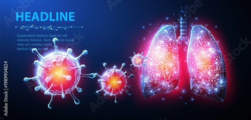 Virus and lung. Abstract vector 3d corona microbe on lung background. Pneumonia virus, covid illnes, medical healthcare, microbiology concept. Disease germ, pathogen organism, infectious virology