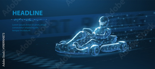 Futuristic go kart made of glowing particles and lines on dark track. Speed racing concept, motorsport technology, digital transport, innovation motion, fast competition. Vector illustration