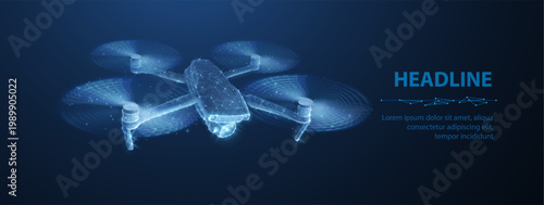 Drone. Abstract 3d drone isolated on blue. Military technology, aerial monitoring, futuristic videography, security innovation, remote video, digital tech, quadcopter concept. Polygonal illustration.