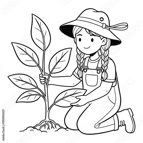 Girl planting a sapling vector illustration
