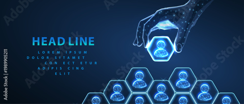 HR manage. Abstract 3d human hand hold leader icon in hexagon on top of people pyramid. Manage human resurse, team leader, recruitment process, change personnel, career growth, leadership concept
