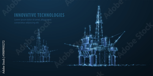 Oil rig. Abstract 3d floating rig platform isolated on blue. Gas platform, offshore drilling, refinery plant, petroleum industry, energy resource, innovation well drilling, oilfield equipment concept