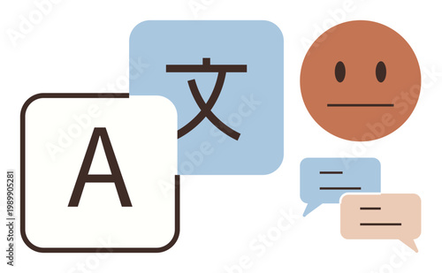 Translation services, global communication, multilingual learning, language accessibility, online chatting, emotion expressions. Language symbols, speech bubbles, and a neutral face emoji