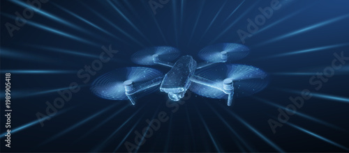 Drone. Abstract 3d drone isolated on blue. Military technology, aerial monitoring, futuristic videography, security innovation, remote video, digital tech, quadcopter concept. Polygonal illustration.