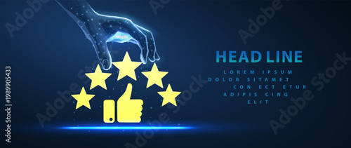 Customer review rating with five stars and thumb up. Reputation 5 stars, good feedback, quality rating, customer satisfaction concept. Vector illustration with icons isolated on blue