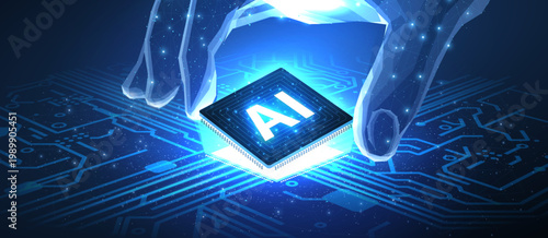 AI technology. Chip with AI latters and circuit board. Artificial intelligence, Computer chip, Future quantum computing, Deep learning algorithms, Tech innovation, Machine learning concept