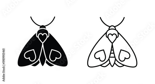 Two moths with heart shaped wing markings a striking black silhouette