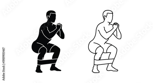 Two men performing squats with resistance bands a striking silhouette