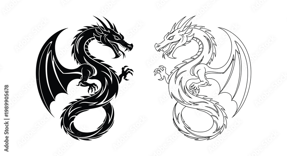 Obraz premium Two entwined dragons in a dynamic pose showcasing a striking silhouette