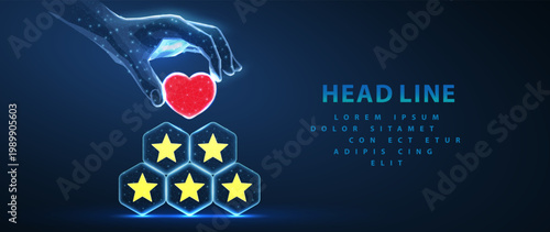 5 stars made pyramid with heart in digital hand on top of it. Star rating, review feedback, five stars servise, service quality, customer satisfaction, positive review, good experience, ai concept