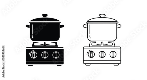 Two depictions of a cooking pot on a burner one in black silhouette