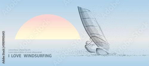 Windsurf board and sail drawn with wireframe lines beside pastel sun on beach background. Summer sport concept, ocean adventure, marine recreation, travel lifestyle. Vector illustration