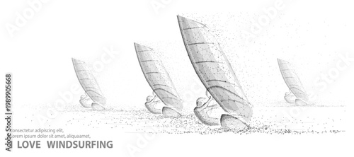 Windsurfing. Mans on sailboards surfing on the sea. Extremal sport activity, sailing windsurf, vacation on ocean, outdor adventure, fun rest, speed and power concept. Abstract low pole illustraition.