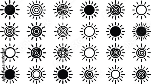 Various vector sun symbols in different designs and styles for graphic use