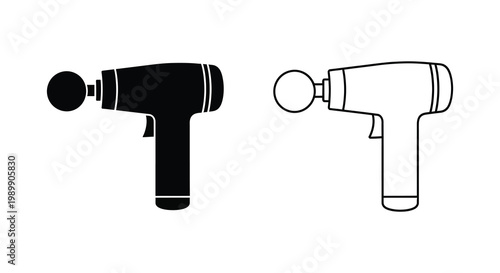 Two massage guns one black and one white shown in a flat design silhouette