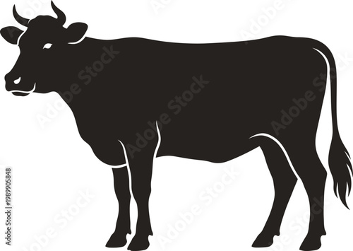 Black silhouette of a standing cow with horns and tail
