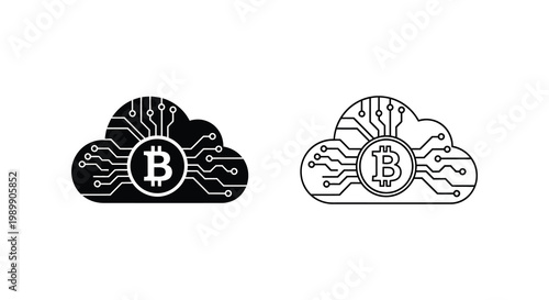 Digital currency concept with cloud and bitcoin symbol black outline silhouette