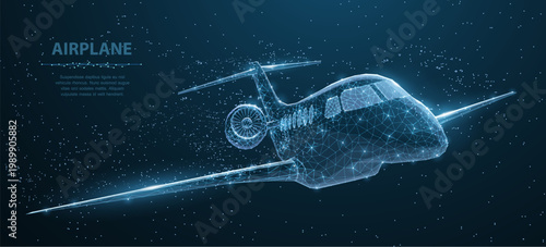 Airplane. Abstract 3d polygonal wireframe airplane on blue night sky with dots and stars. Travel, aircraft, tourism, vacation concept illustration or background