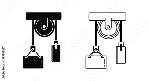 Pulley system diagrams one filled and one outlined presented as a stark silhouette