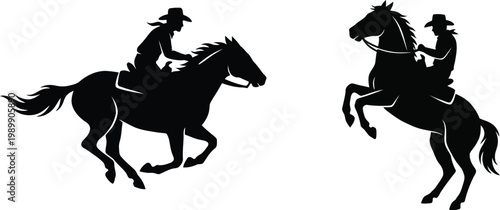 Vector graphic illustration of cowboys riding horses in various dynamic poses and movements in black silhouettes
