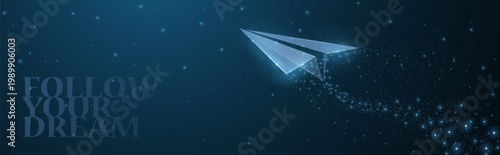 Follow your dreams. Paper airplane with Motivational slogan on dark blue with dots and stars. Dream, freedom, inspiration and positive illustration or background. Journey symbol. Shirt print.