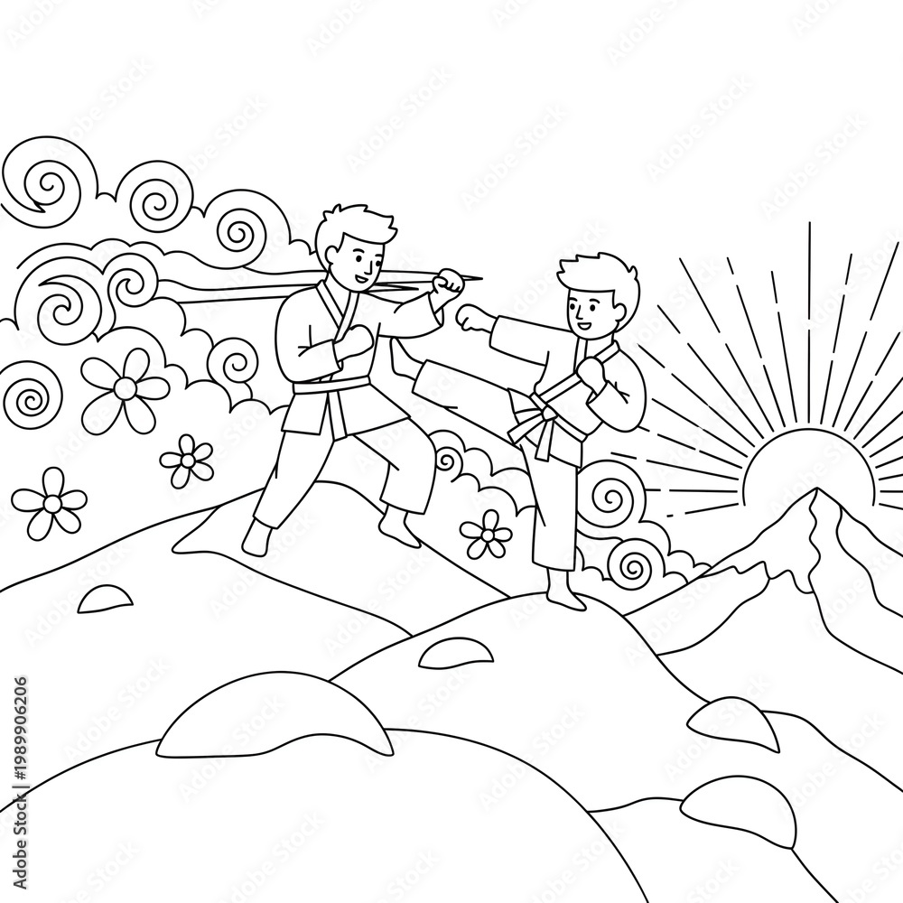 Obraz premium Cartoon boxer with boxing gloves practicing on a wooden pier with large ocean waves crashing under a lighthouse and seagulls flying overhead