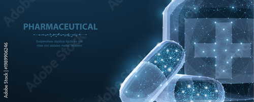 Pills. Abstract polygonal wireframe two capsule pills near bottle blue background. Medical, pharmacy, health, vitamin, antibiotic, pharmaceutical, treatment concept illustration or background