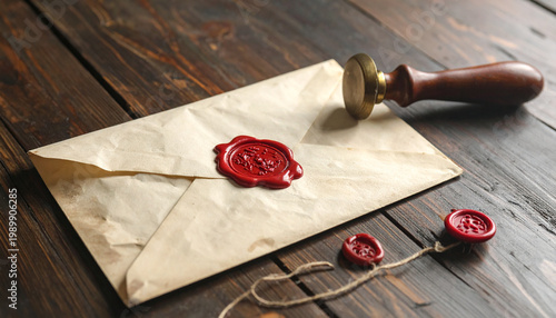 Sealed envelope with red wax stamp and wooden background