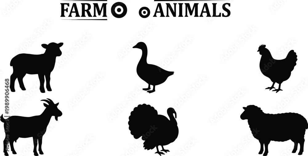 Obraz premium Farm animals and tractor vector silhouettes illustration for design