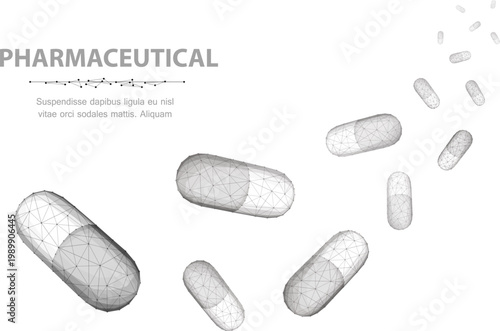 Pills. A lot of capsule pills falling down isolated on white background. Medical pharmacy, health, many vitamin, antibiotic pharmaceutical, treatment concept. Abstract 3d illustration, Closeup