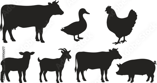 Black silhouettes of various farm animals standing alone