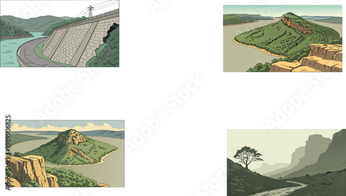 Landscape architecture and scenic nature collection, featuring urban parks, mountain vistas, and garden promenades, vector set.