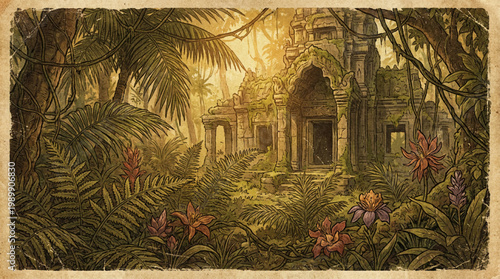 Vintage Illustration of an Ancient Jungle Temple Ruins