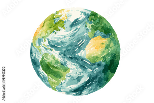 Colorful watercolor earth illustration depicting continents and oceans in green and blue hues