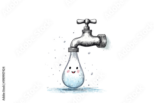 Cute smiling water droplet emerging from faucet with splashing effect