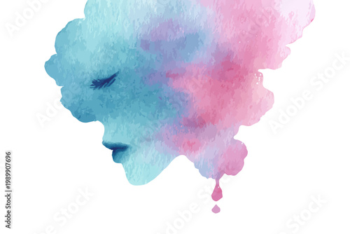 Dreamy watercolor portrait: abstract female face in pastel blue and pink hues