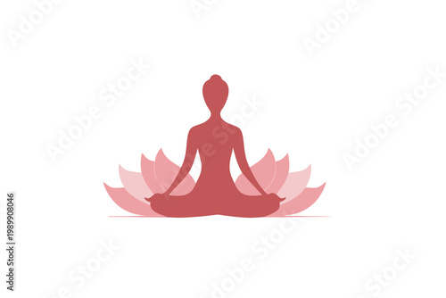 Silhouette of person meditating in lotus pose with pink lotus petals