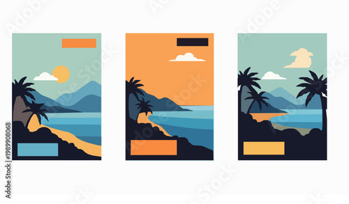 Minimal summer travel poster set with sea coast mountains and palm vector covers