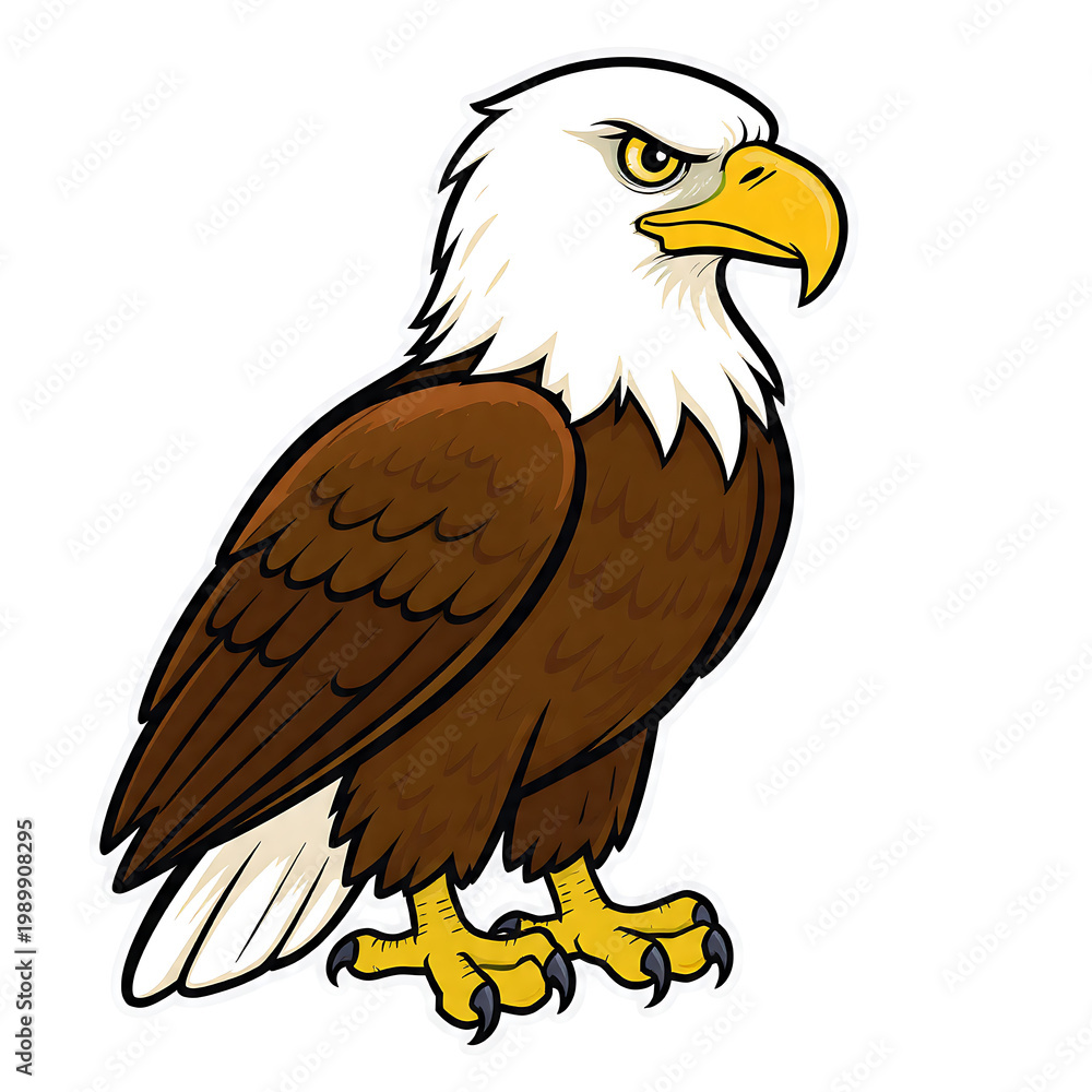 Fototapeta premium Noble Cartoon Bald Eagle Sticker Mascot Standing Proud With Outline