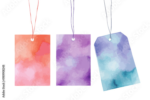 Colorful watercolor gift tags with strings in red, purple, and blue hues