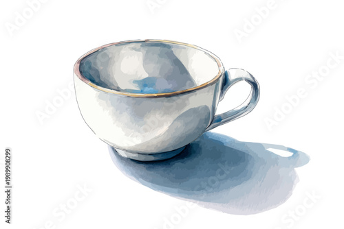 Elegant watercolor teacup with shadow on white background