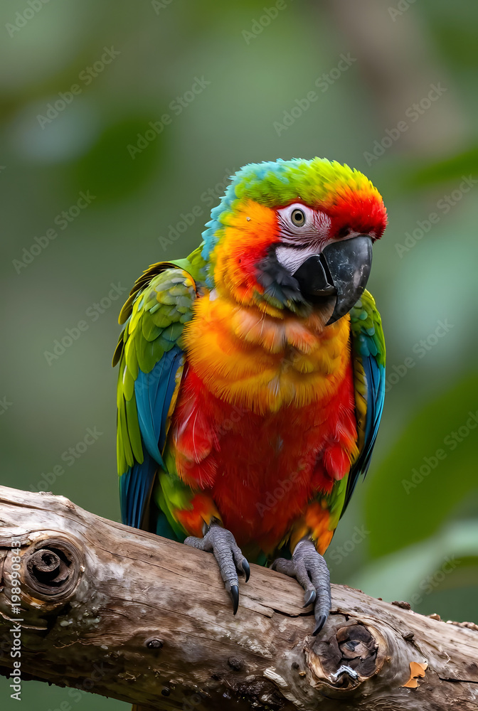 Fototapeta premium Vibrant Scarlet Macaw Hybrid Perched on a Weathered Branch