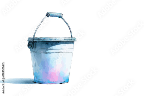 Blue metal bucket on white background with handle and shadow
