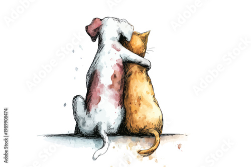 Illustration of dog and cat embracing in a heartfelt friendship