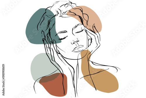 Line art of a young caucasian female with abstract colorful background