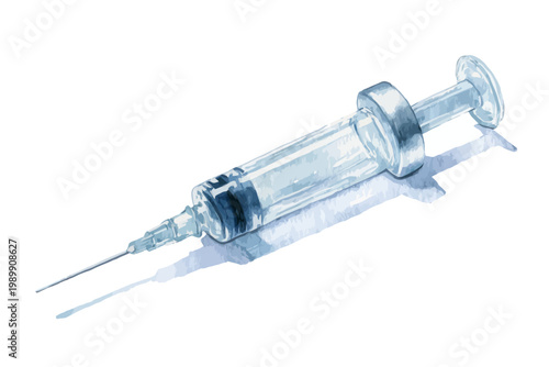 Watercolor illustration of medical syringe on white background