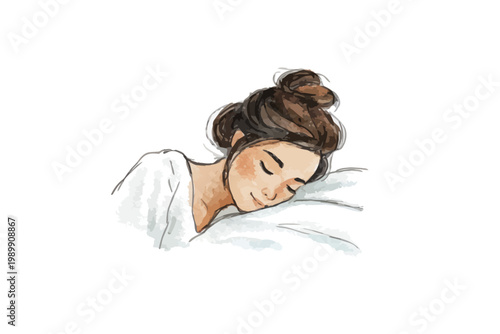 Peaceful young caucasian female sleeping illustration with brown hair